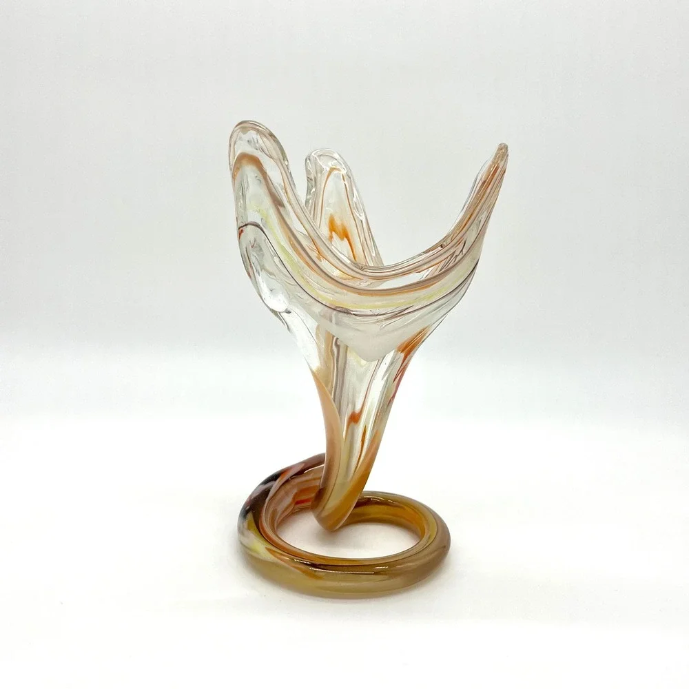 Art Glass Vase Swirl Design Amber Brown Clear Decor Bud Vase